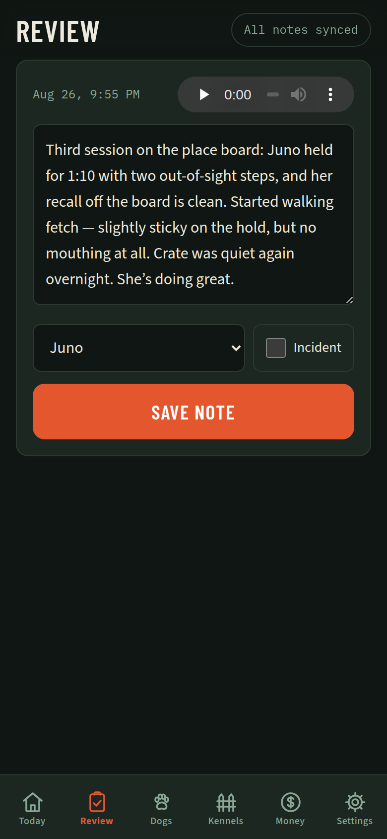 Review screen: a professionally written session note with audio playback, the dog preselected, and one-tap save